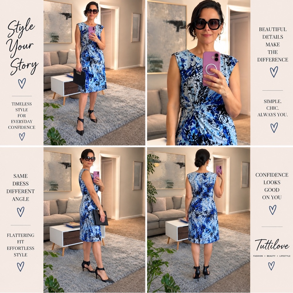 Blue Printed Twist-Detail Cap-Sleeve Dress